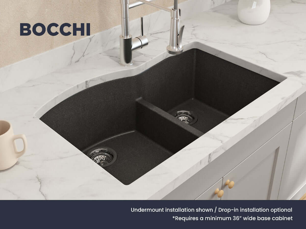 BOCCHI CAMPINO DUO 33" Dual Mount 60/40 Double Bowl Granite Kitchen Sink with Strainers in black finish shown under mount.
