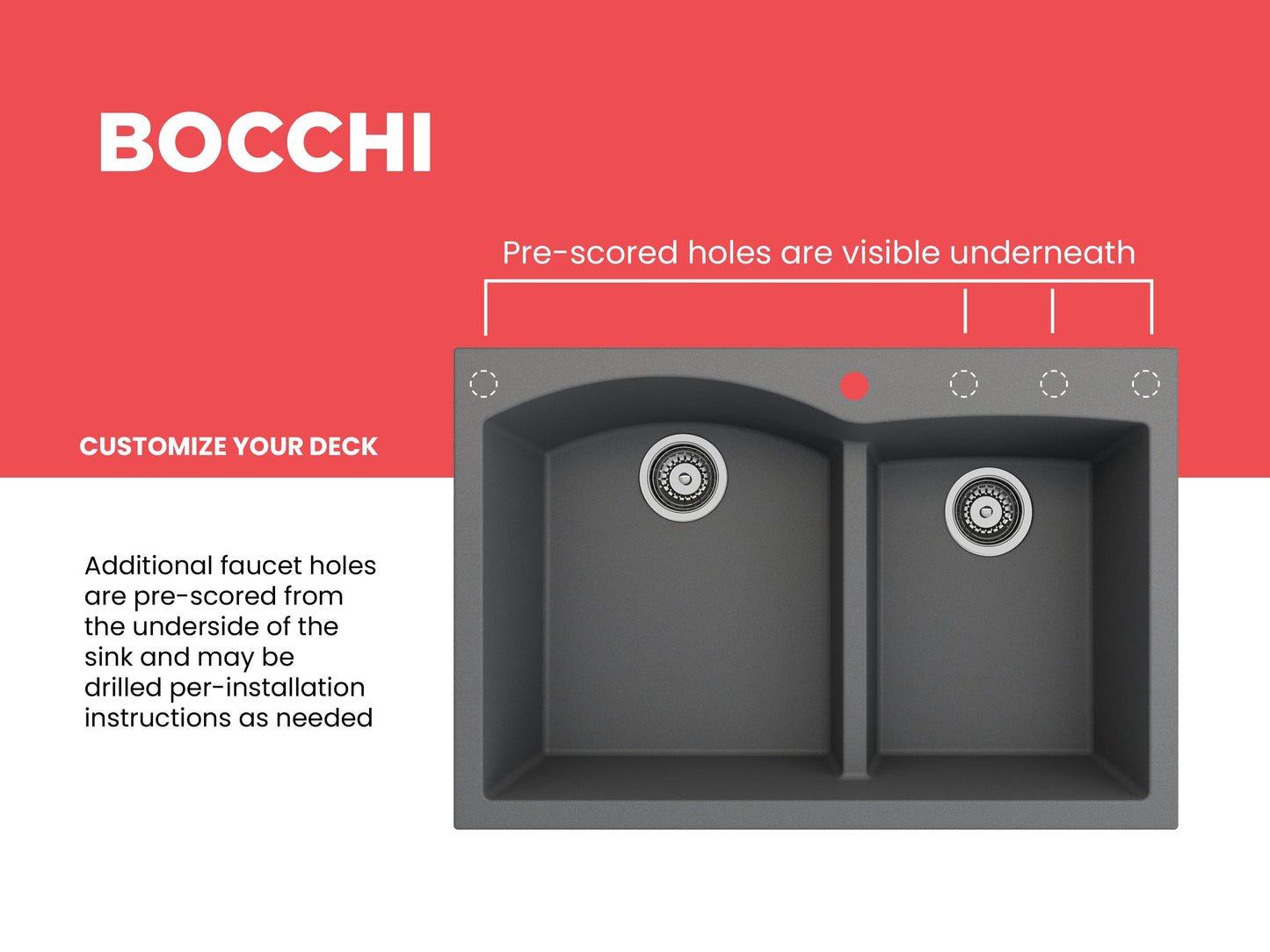 BOCCHI CAMPINO DUO 33" Dual Mount 60/40 Double Bowl Granite Kitchen Sink with Strainers top view showing pre-scored holes.