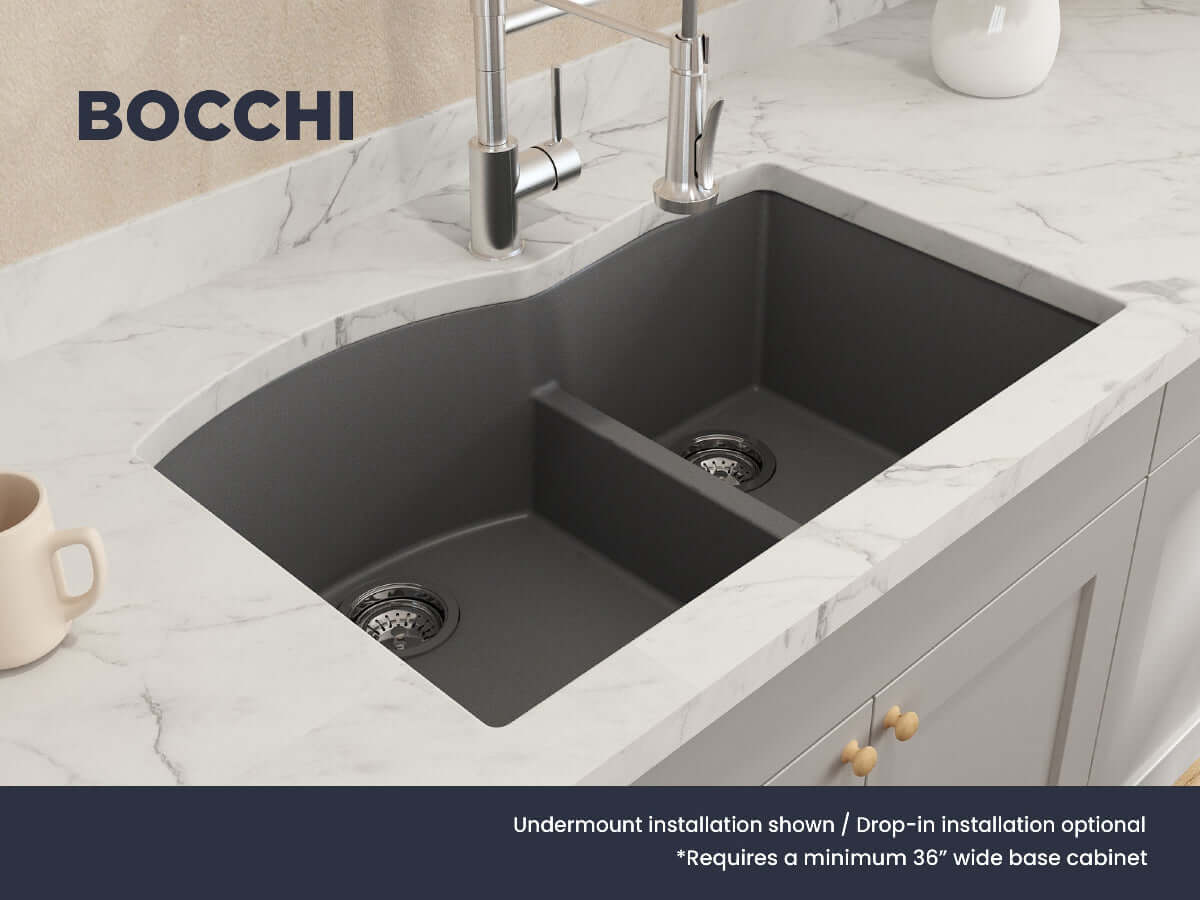 BOCCHI CAMPINO DUO 33" Dual Mount 60/40 Double Bowl Granite Kitchen Sink with Strainers in matte black under-mount installation