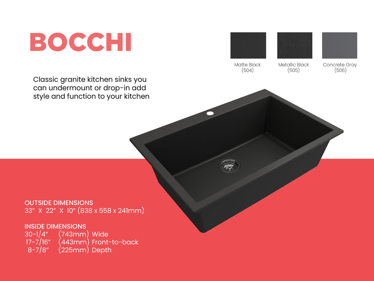 Bocchi 33" x 22" x 10" granite kitchen sink in matte black with dimensions and features for kitchen design.