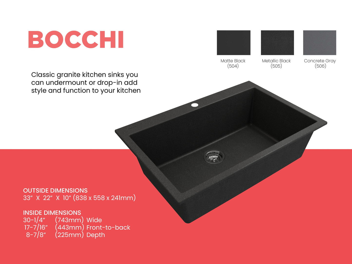 Bocchi 33" x 22" x 10" granite kitchen sink with details on dimensions and color options.