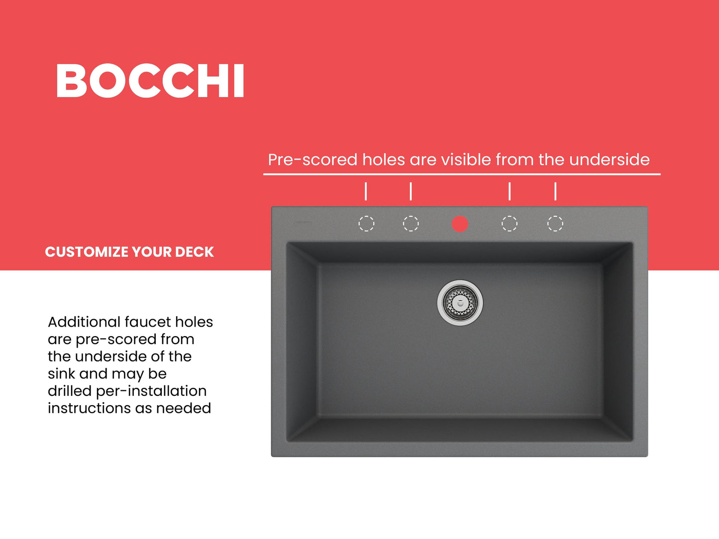 Bocchi granite sink with pre-scored holes and customizable deck for easy installation.
