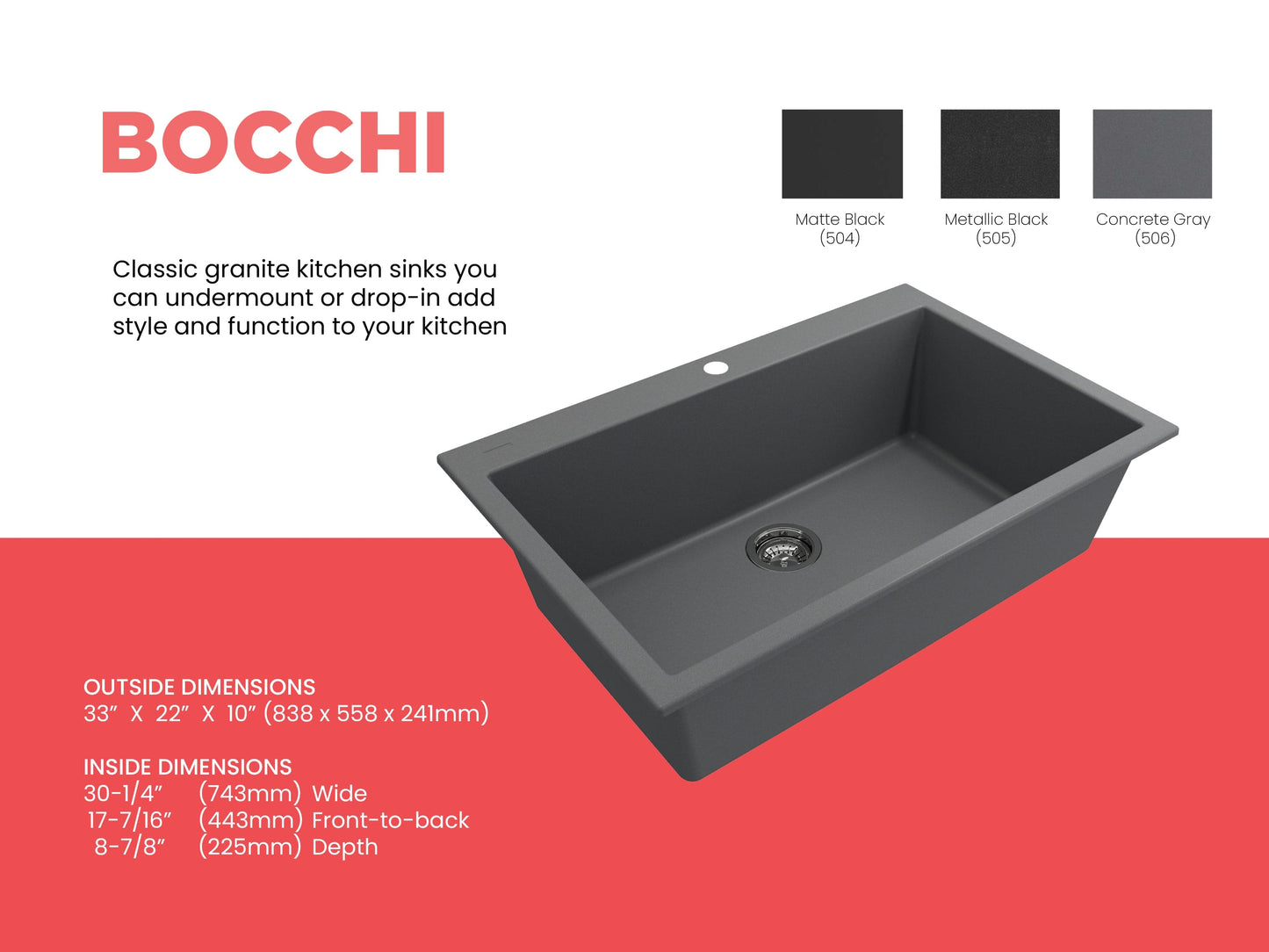 CAMPINO UNO 33" Single Bowl Dual Mount Granite Kitchen Sink with Strainer dimensions and color options.