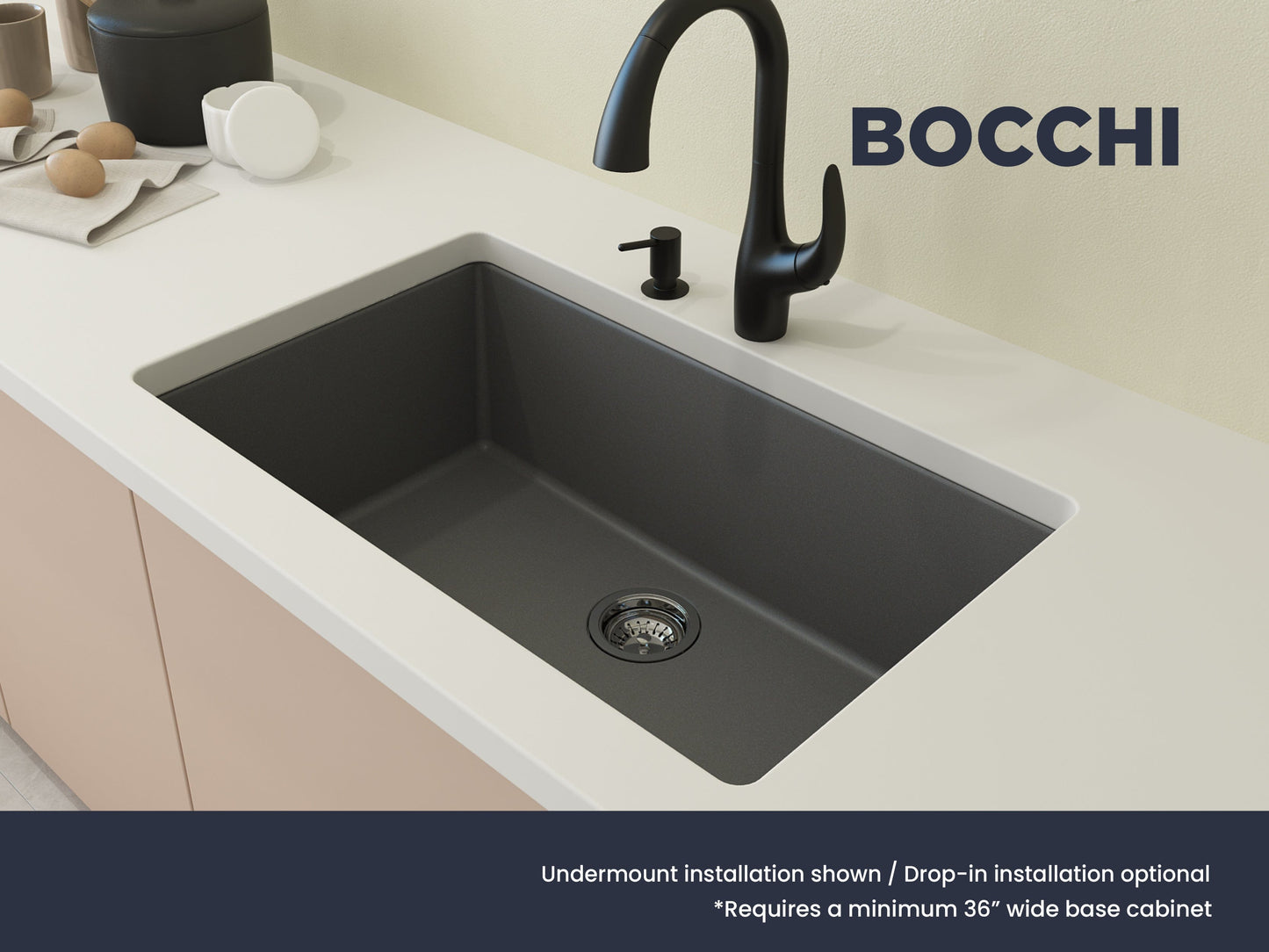 Bocchi kitchen sink showcasing undermount installation in modern kitchen design with black faucet and stylish countertop.