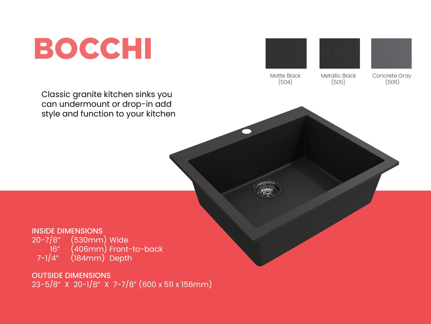 CAMPINO UNO 24" Single Bowl Dual Mount Granite Kitchen Sink with Strainer in Matte Black, showing front-right angle view.