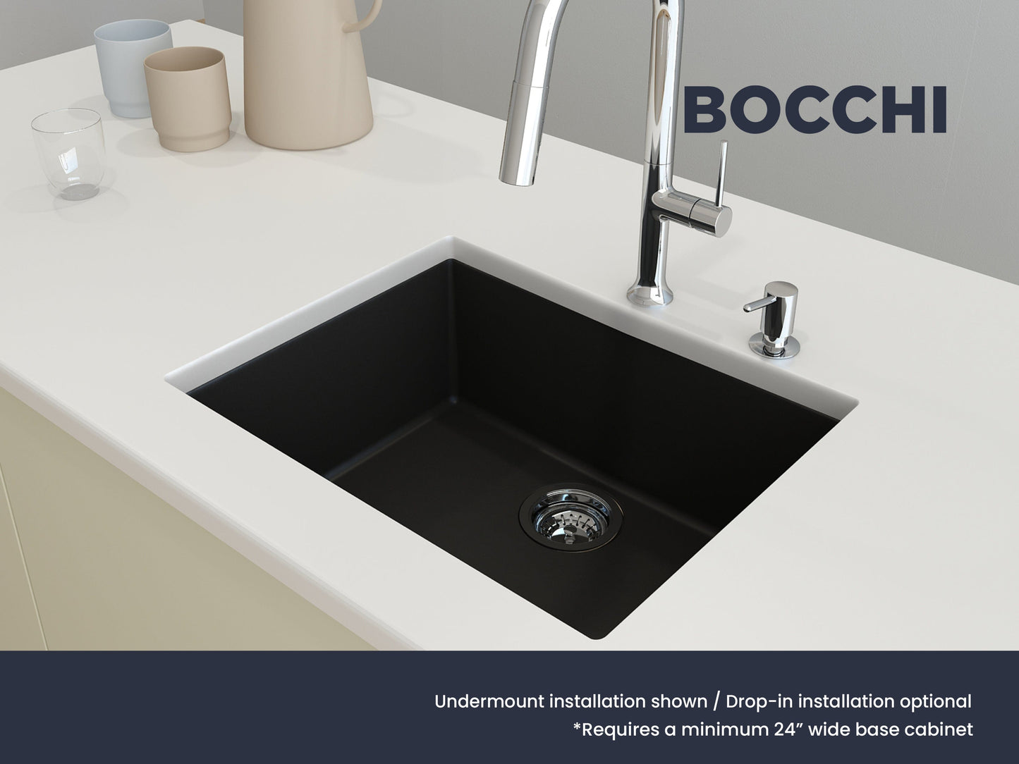 CAMPINO UNO 24" Single Bowl Dual Mount Granite Kitchen Sink with Strainer in a sleek black finish, shown under a white countertop.