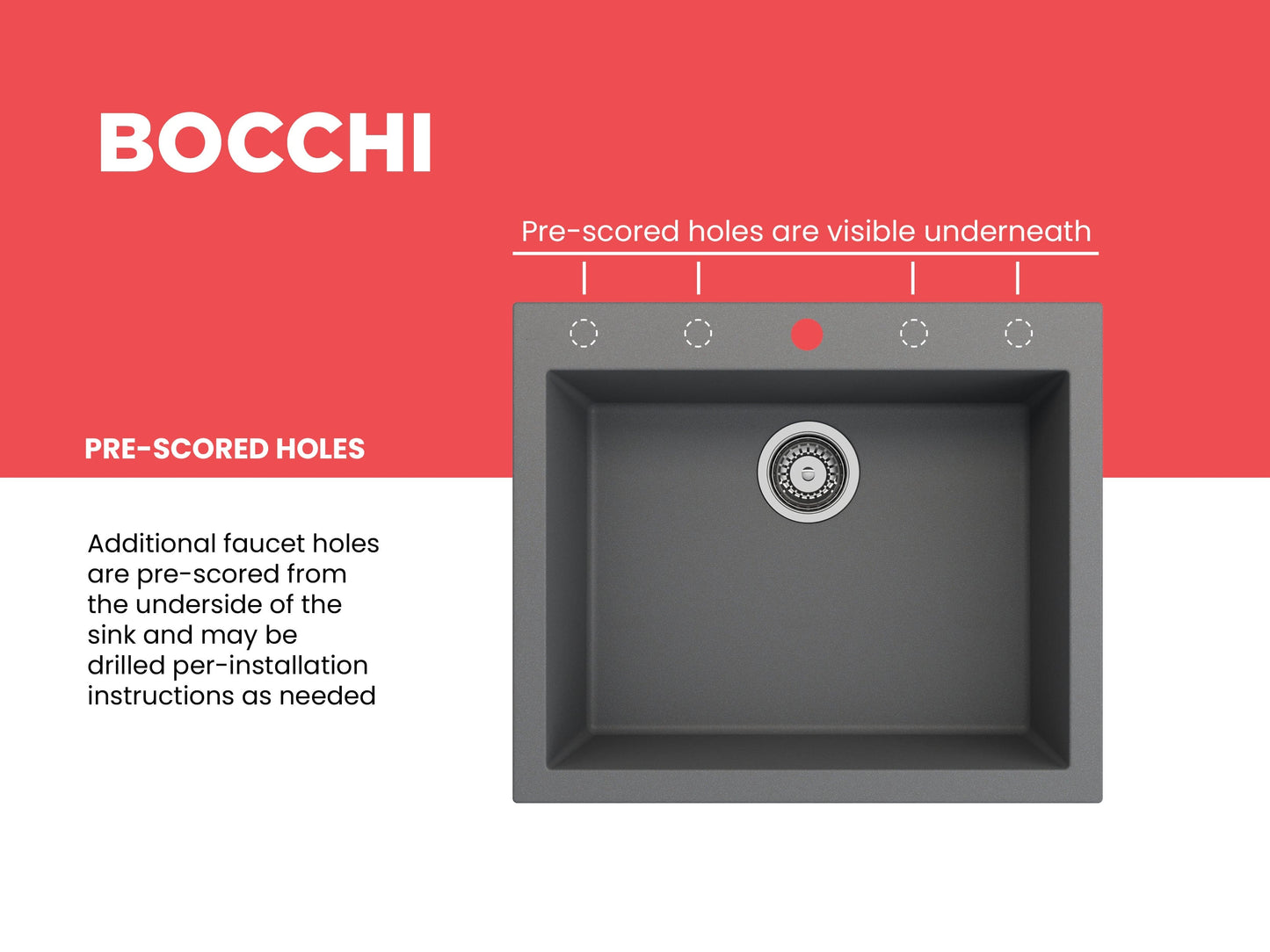 CAMPINO UNO 24" Single Bowl Dual Mount Granite Kitchen Sink with Strainer showcasing pre-scored holes from top view.