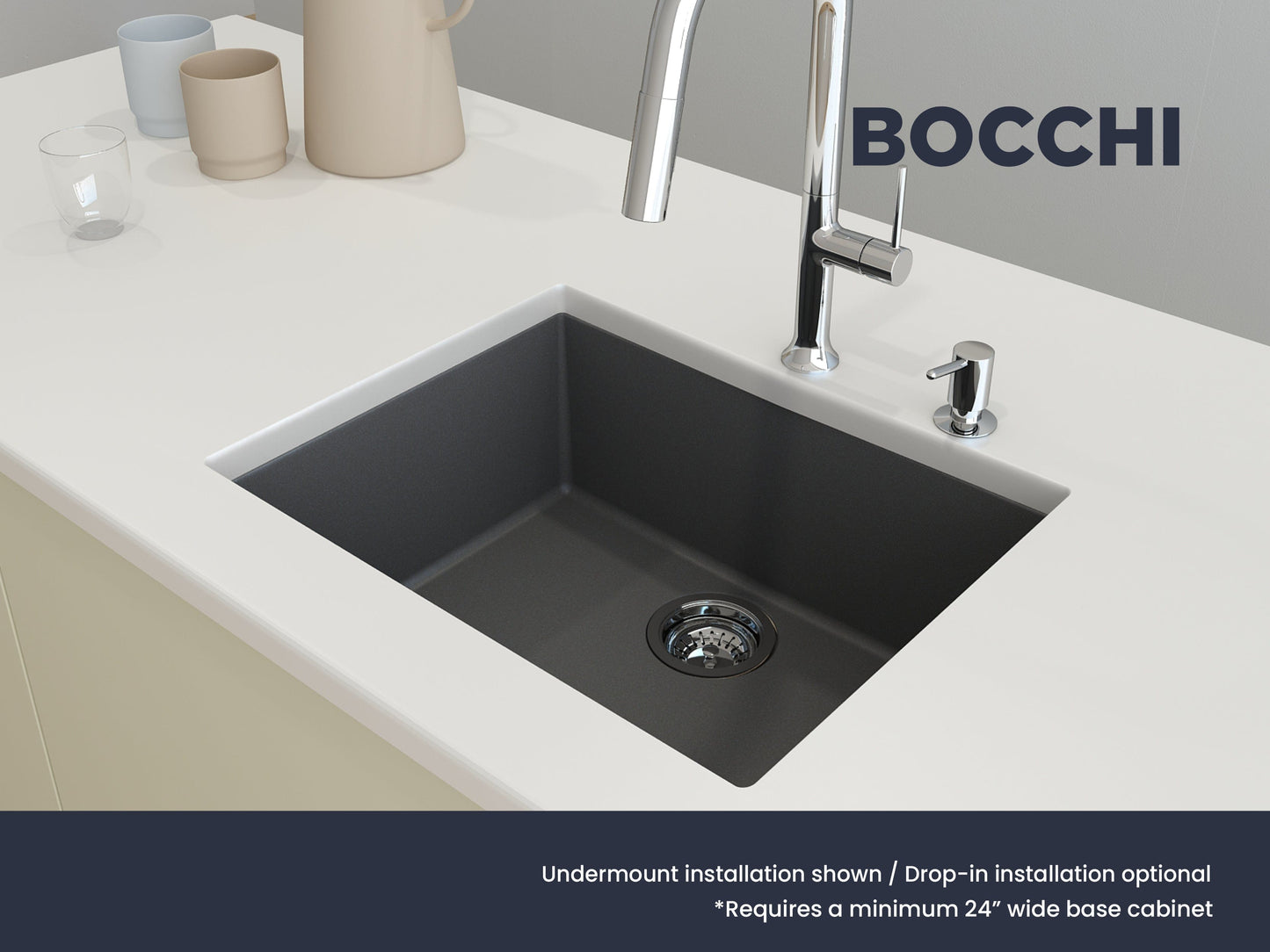 CAMPINO UNO 24" Single Bowl Dual Mount Granite Kitchen Sink with Strainer in sleek black, showcased in a modern kitchen setup.