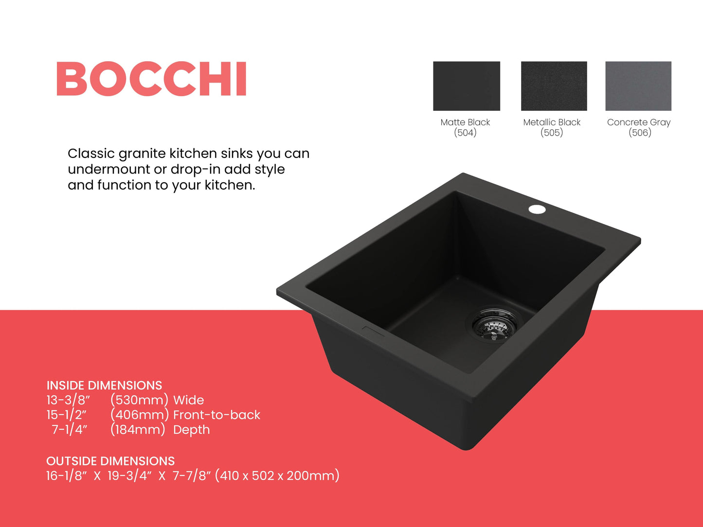 CAMPINO UNO 16" Single Bowl Dual Mount Granite Bar Sink with Strainer in Matte Black, right side view showing strainer.