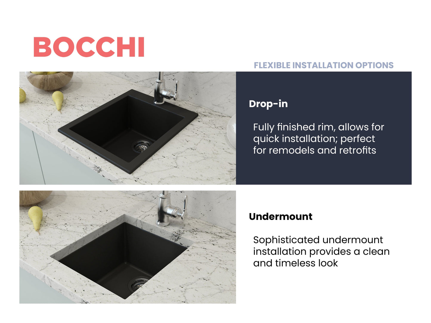 CAMPINO UNO 16" Single Bowl Dual Mount Granite Bar Sink with Strainer, black drop-in view showcasing flexible installation options.