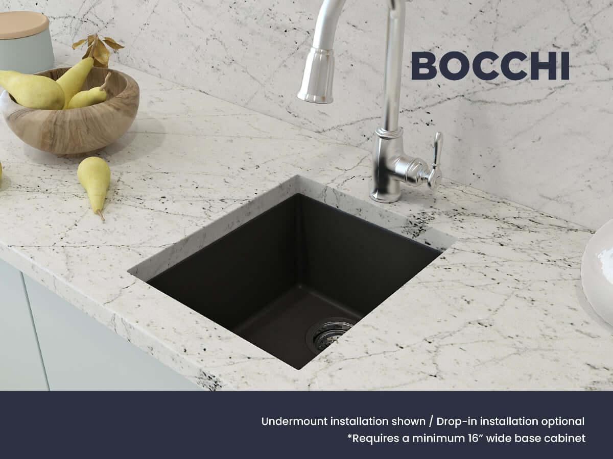 CAMPINO UNO 16" Single Bowl Dual Mount Granite Bar Sink with Strainer in a modern kitchen setting with marble countertop.