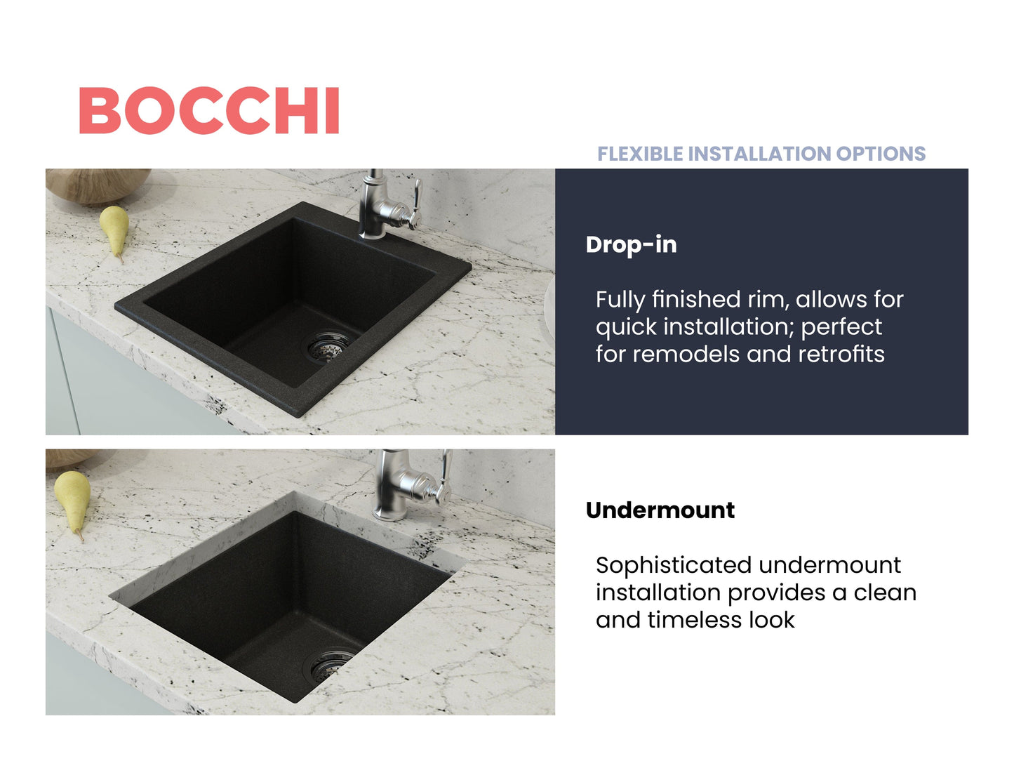 CAMPINO UNO 16" Single Bowl Dual Mount Granite Bar Sink with Strainer in black finish, showcasing drop-in and undermount installation options.