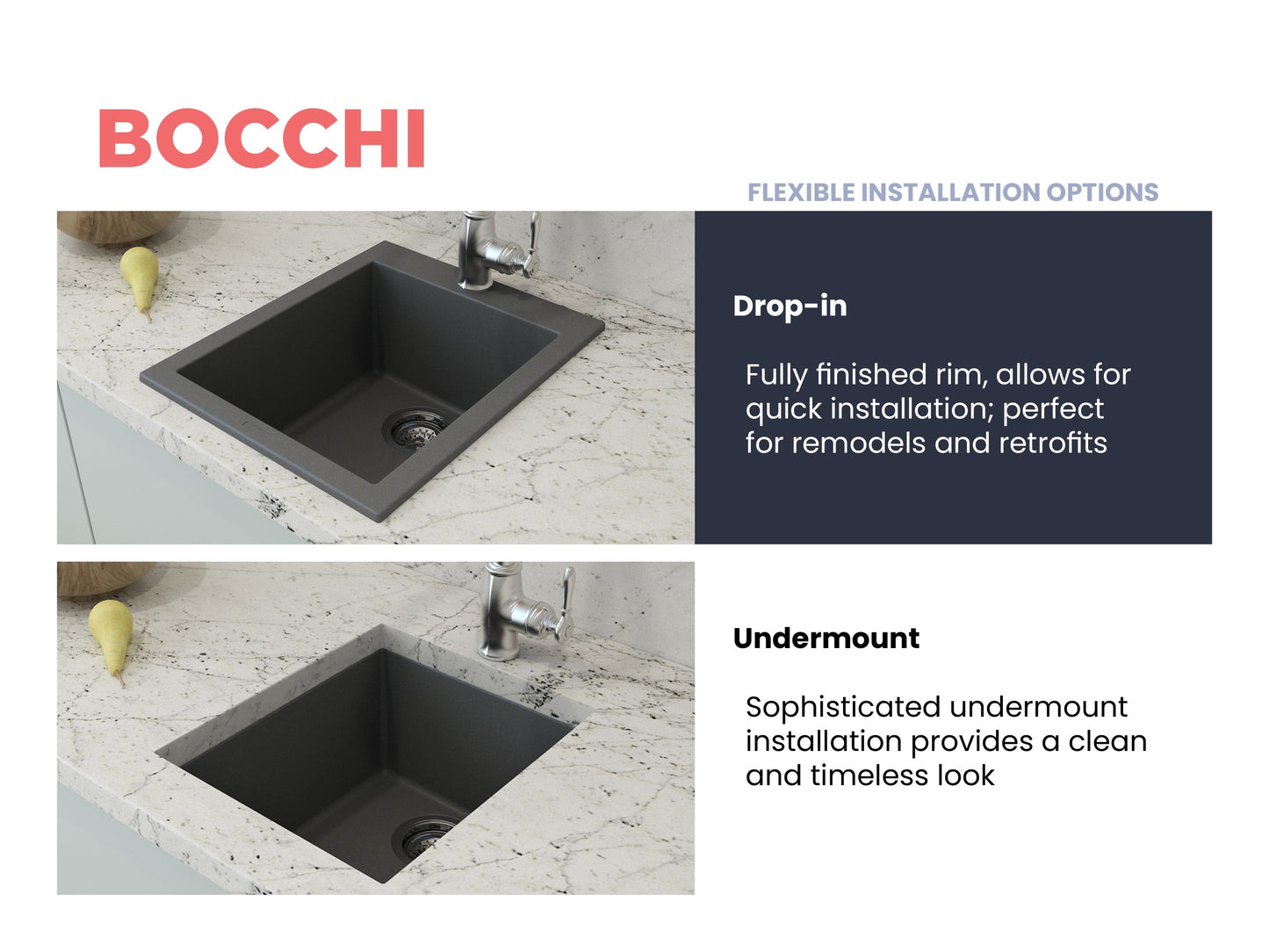CAMPINO UNO 16" Single Bowl Dual Mount Granite Bar Sink with Strainer, drop-in installation on a marble countertop.