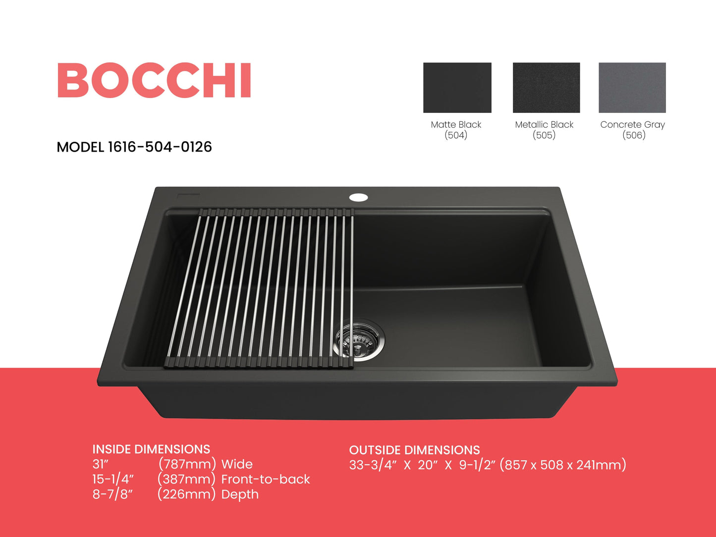 BOCCHI BAVENO LUX 34" Dual-Mount Single Bowl Granite Composite Kitchen Sink with Integrated Workstation in Matte Black.