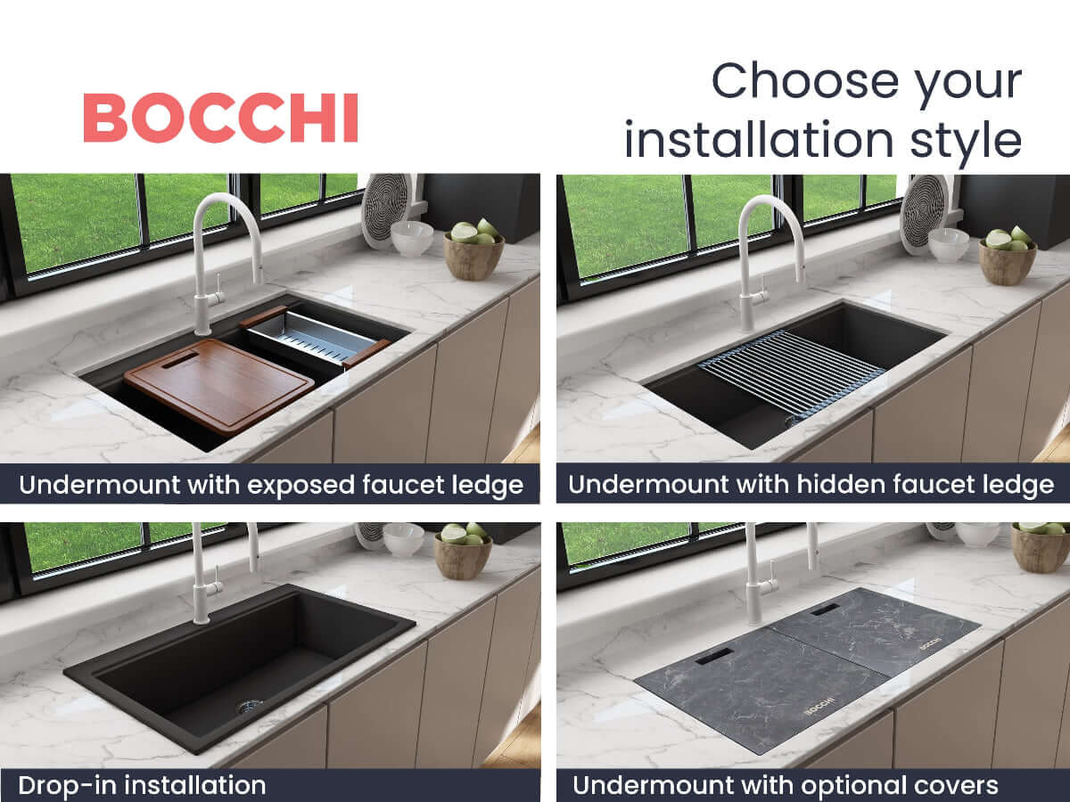 BOCCHI BAVENO LUX 34" Dual-Mount Single Bowl Granite Composite Kitchen Sink with Integrated Workstation and Accessories installation styles