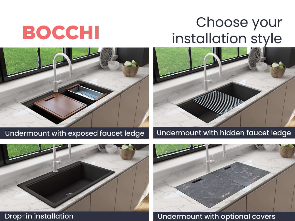 BOCCHI BAVENO LUX 34" Dual-Mount Single Bowl Granite Composite Kitchen Sink with Integrated Workstation and Accessories options.