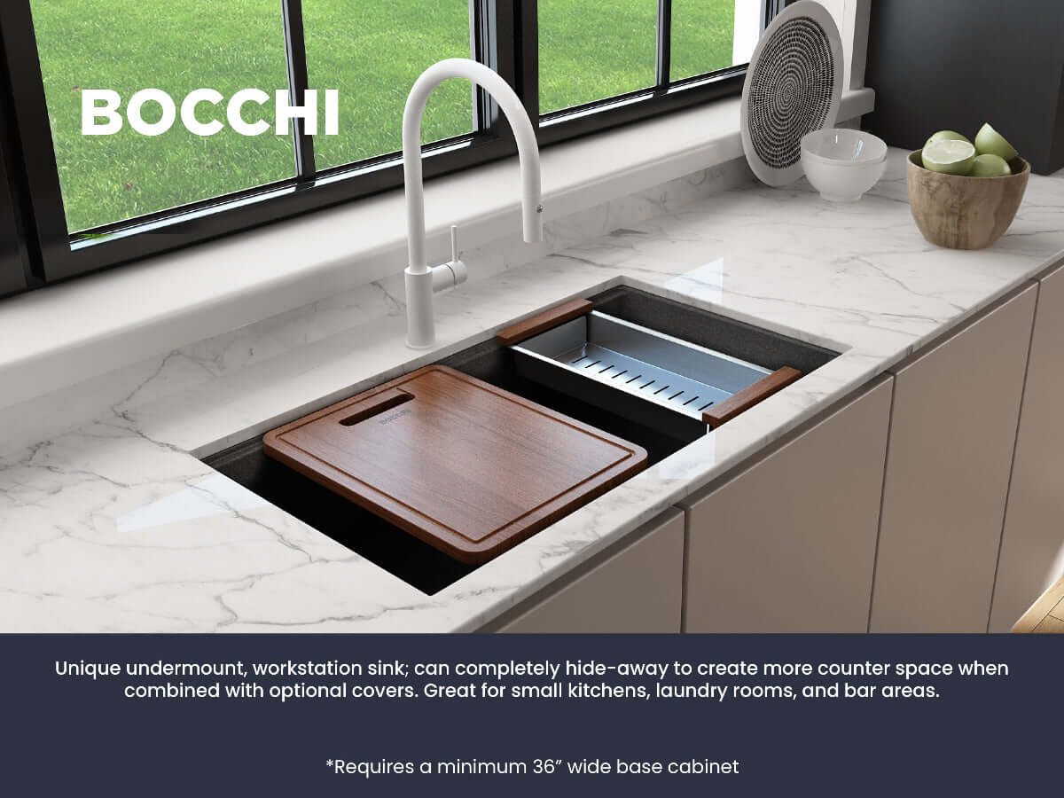 BOCCHI BAVENO LUX 34" Dual-Mount Single Bowl Granite Composite Kitchen Sink with Integrated Workstation view with wooden cover.