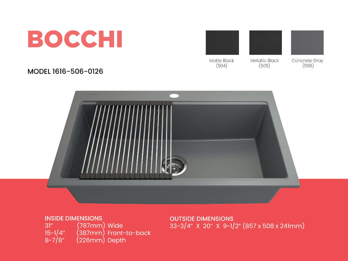 BOCCHI BAVENO LUX 34" Dual-Mount Single Bowl Granite Composite Kitchen Sink with Integrated Workstation in Concrete Gray.