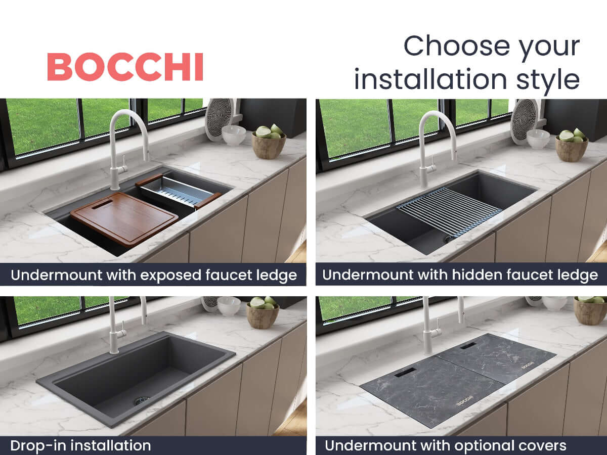 BOCCHI BAVENO LUX 34" Dual-Mount Single Bowl Granite Composite Kitchen Sink with Integrated Workstation and Accessories with faucet ledges.