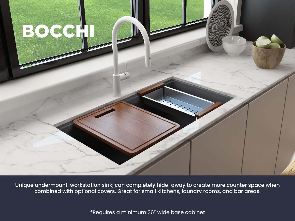 BOCCHI BAVENO LUX 34" Dual-Mount Single Bowl Granite Composite Kitchen Sink with Integrated Workstation and Accessories and wooden cover.