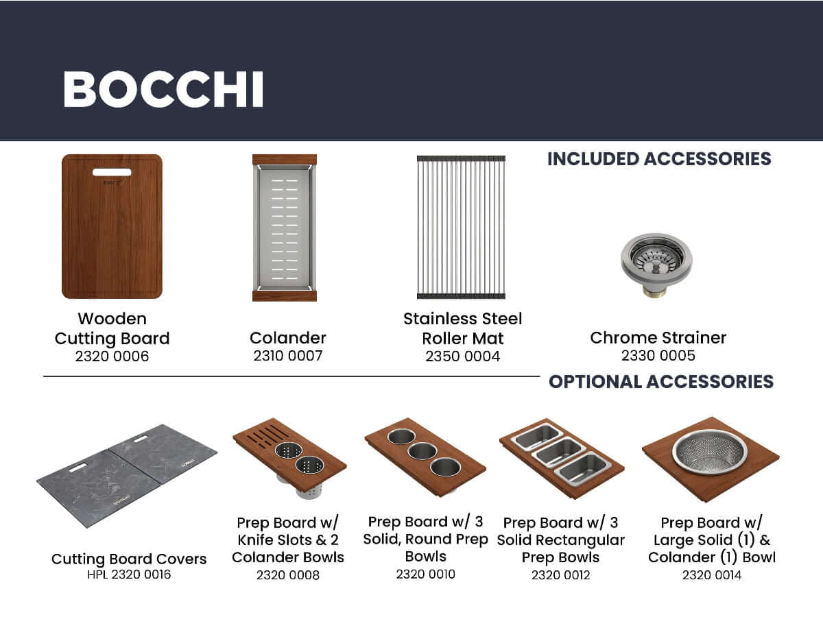 BOCCHI BAVENO LUX 34" Double Bowl Granite Composite Kitchen Sink with Integrated Workstation and Accessories shown with wooden cutting board and accessories.