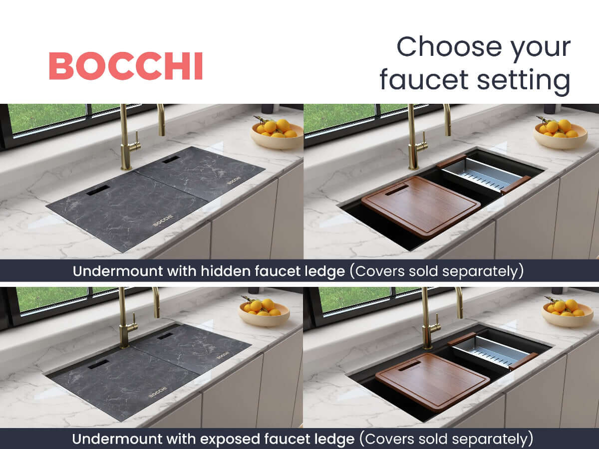BOCCHI BAVENO LUX 34" Double Bowl Granite Composite Kitchen Sink with Integrated Workstation and Accessories with hidden faucet ledge.