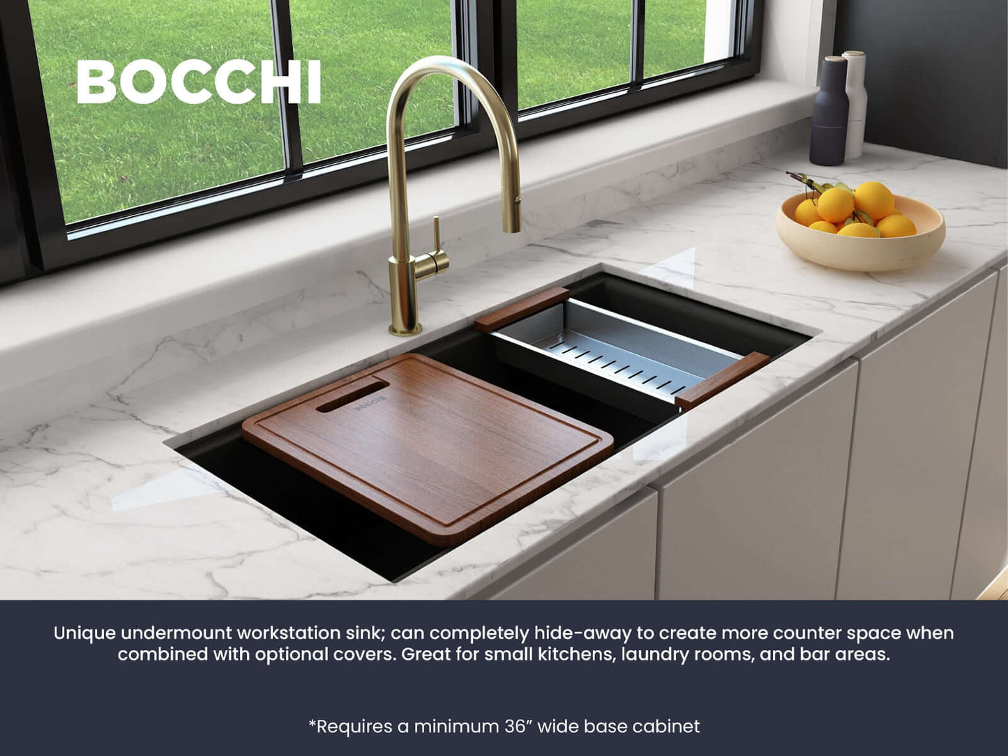 BOCCHI BAVENO LUX 34" Double Bowl Granite Composite Kitchen Sink with Integrated Workstation and Accessories in sleek undermount finish.