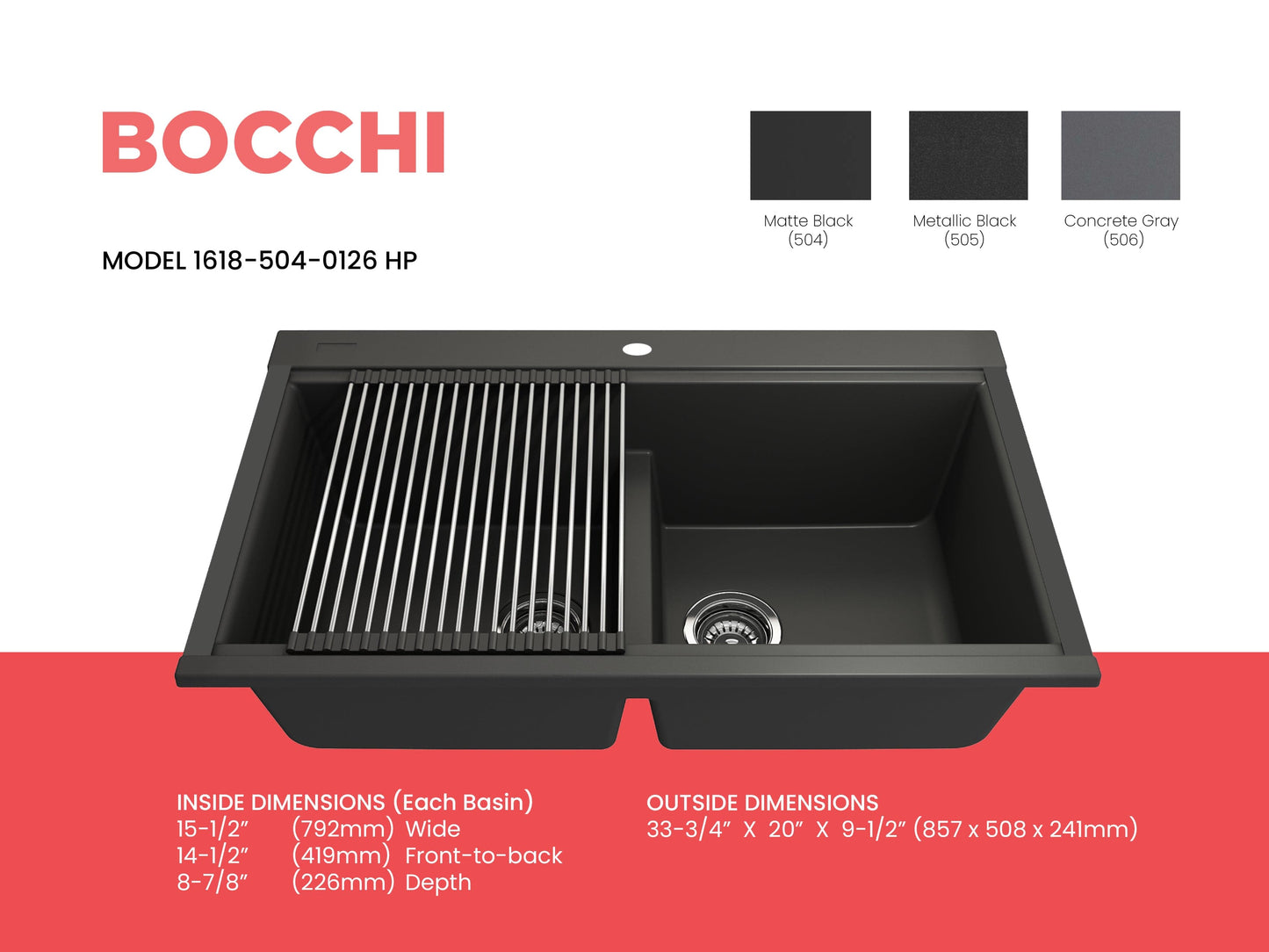 BOCCHI BAVENO LUX 34" Double Bowl Granite Composite Kitchen Sink with Integrated Workstation and Accessories with Covers in Matte Black.
