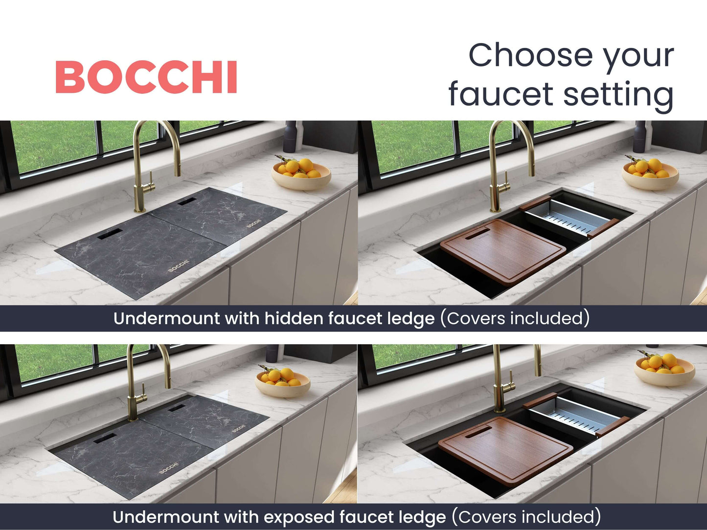 BOCCHI BAVENO LUX 34" Double Bowl Granite Composite Kitchen Sink with Integrated Workstation and Accessories with Covers, showing faucet options.
