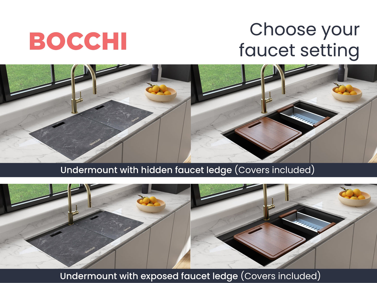 BOCCHI BAVENO LUX 33" Double Bowl Granite Composite Kitchen Sink with Integrated Workstation and Accessories with Covers