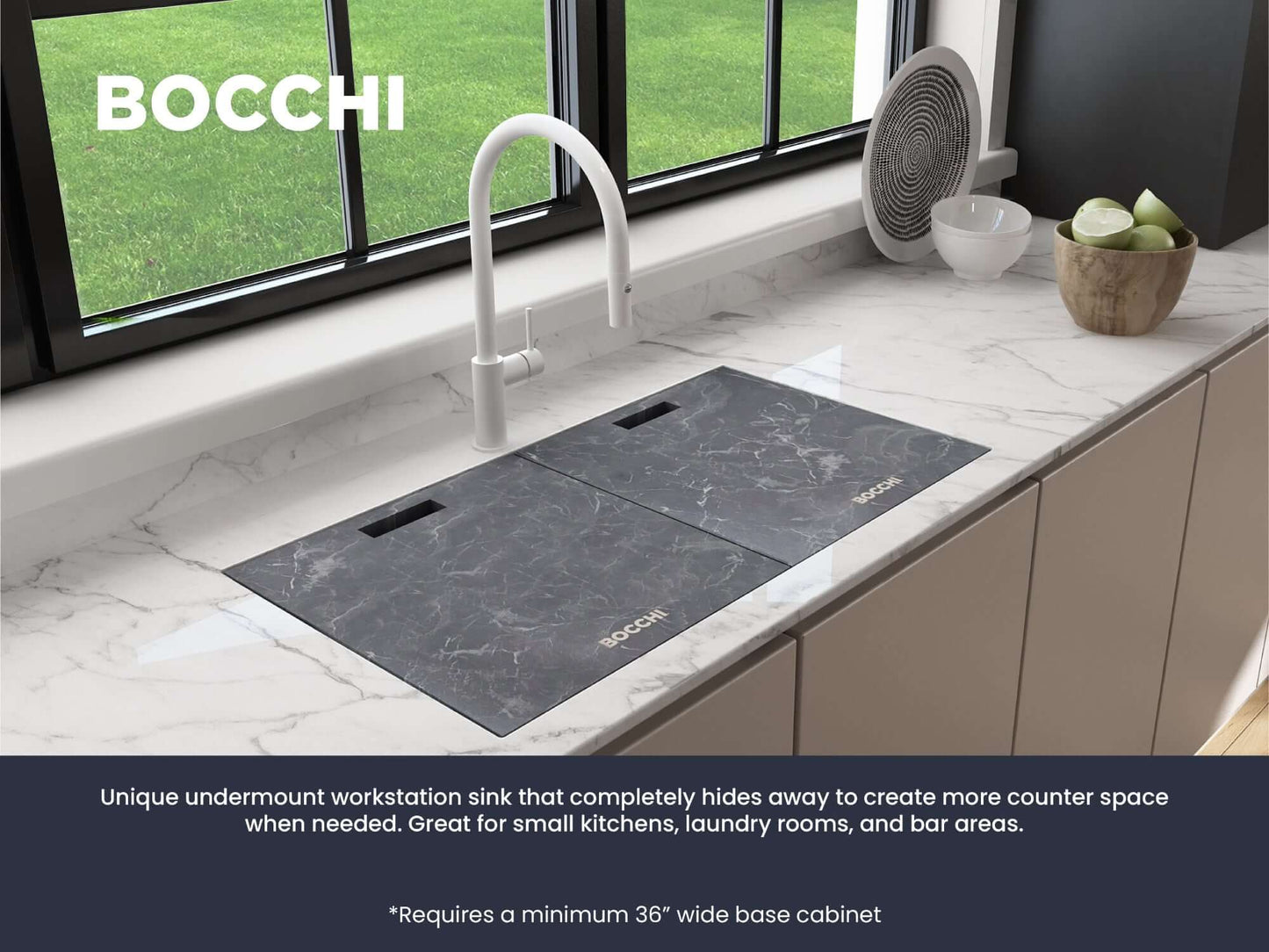 BOCCHI BAVENO LUX 34" Double Bowl Granite Composite Kitchen Sink with Integrated Workstation and Accessories with Covers in black finish.