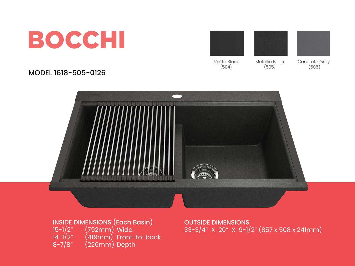 BOCCHI BAVENO LUX 34" Double Bowl Granite Composite Kitchen Sink with Integrated Workstation and Accessories in Matte Black finish.