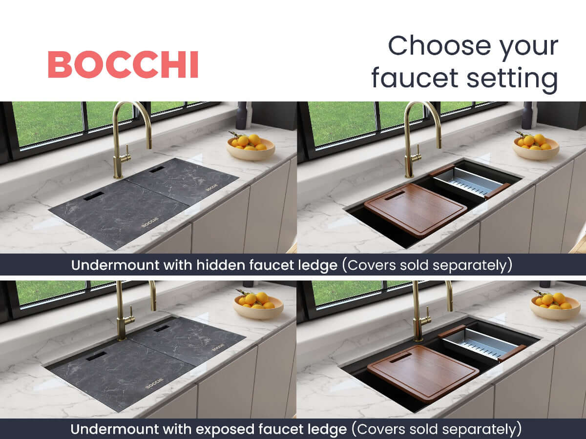 BOCCHI BAVENO LUX 34" Double Bowl Granite Composite Kitchen Sink with Integrated Workstation and Accessories showcasing faucet options.