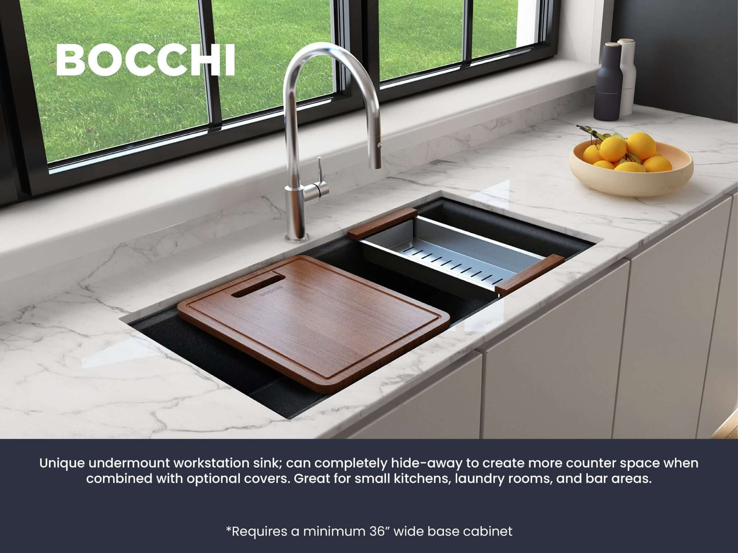 BOCCHI BAVENO LUX 34" Double Bowl Granite Composite Kitchen Sink with Integrated Workstation and Accessories in a sleek undermount design.