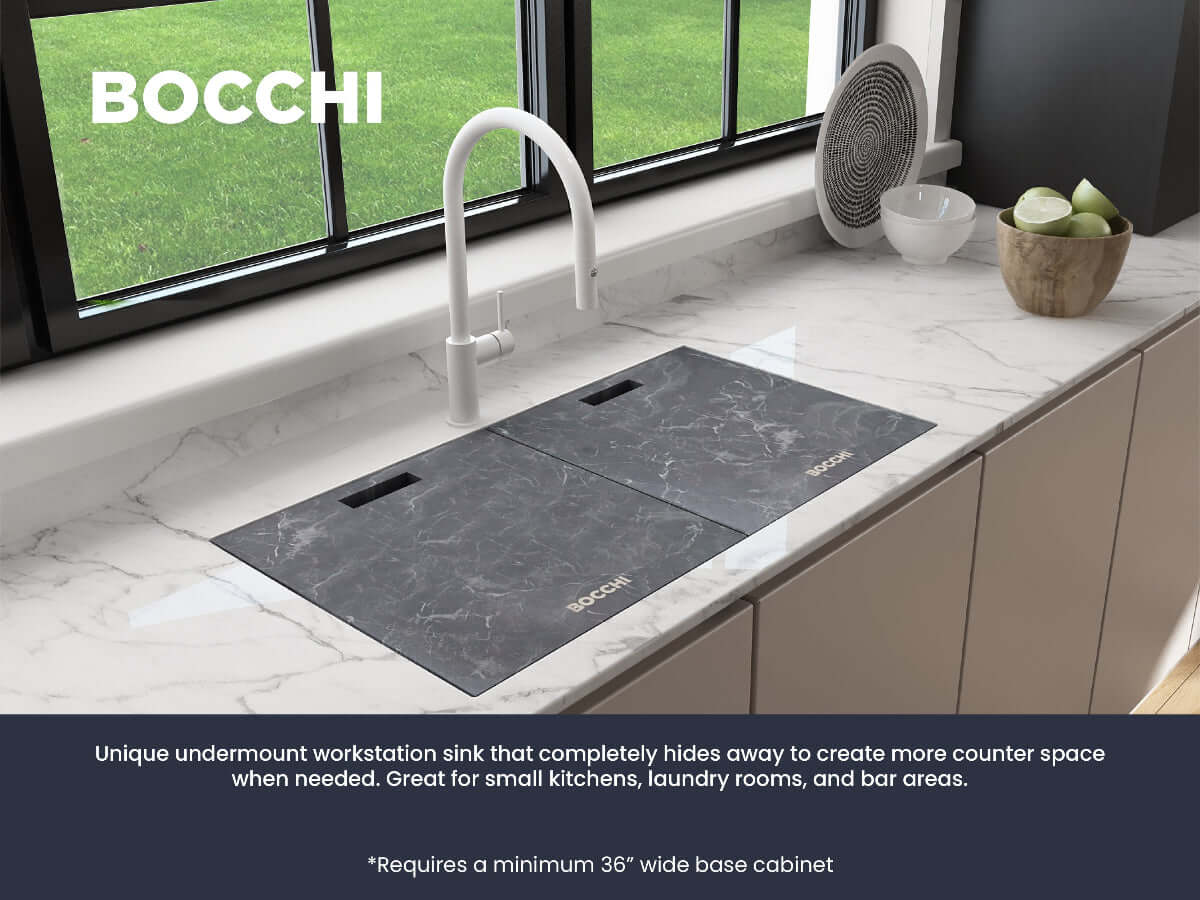 BOCCHI BAVENO LUX 34" Double Bowl Granite Composite Kitchen Sink with Integrated Workstation and Accessories with Covers in black finish.