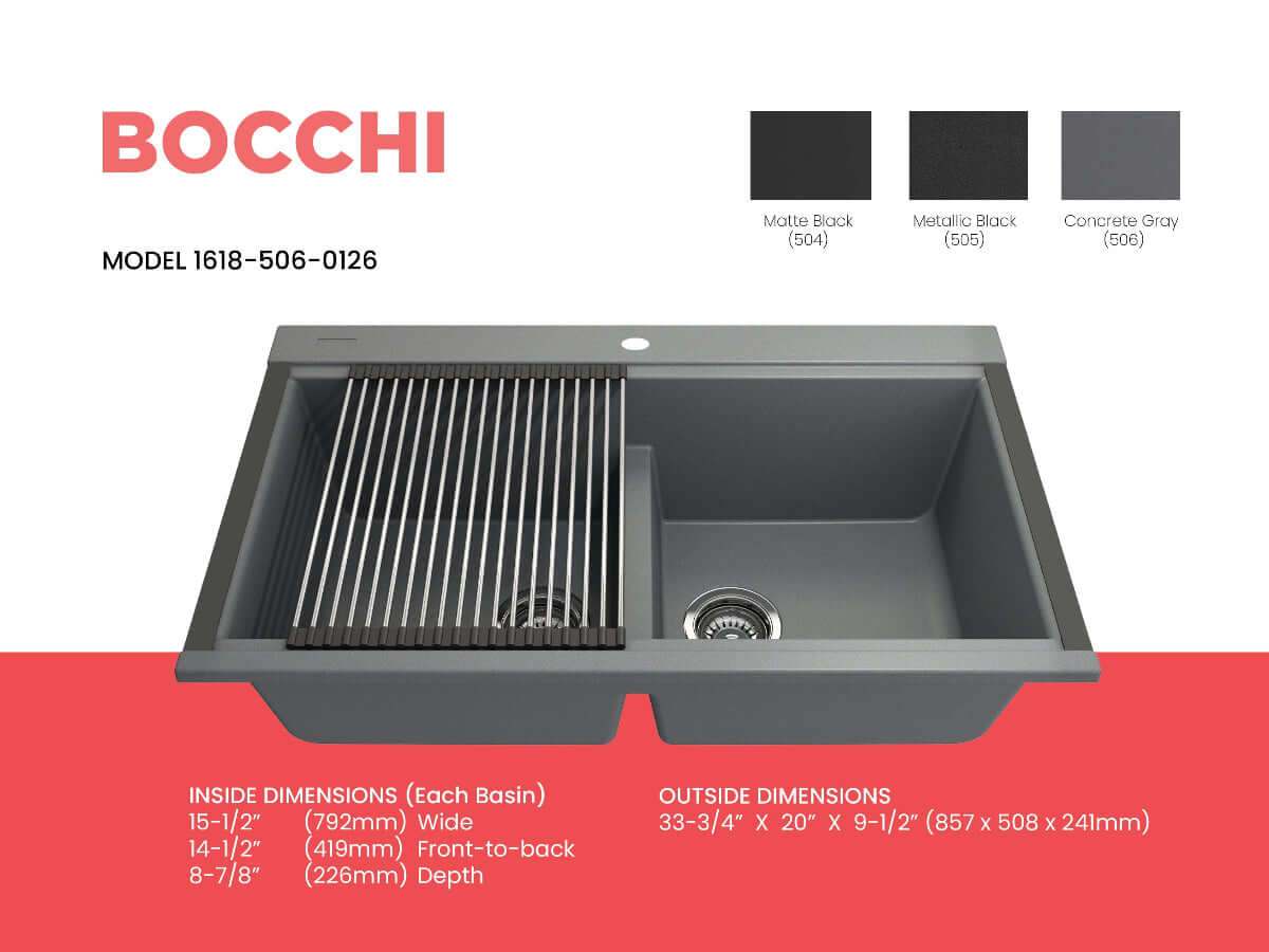 BOCCHI BAVENO LUX 34" Double Bowl Granite Composite Kitchen Sink with Integrated Workstation and Accessories in Concrete Gray finish.