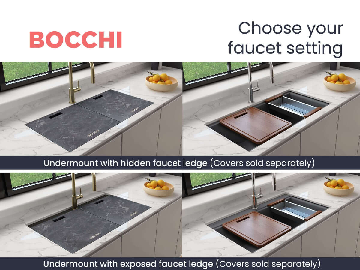BOCCHI BAVENO LUX 34" Double Bowl Granite Composite Kitchen Sink with Integrated Workstation and Accessories showing faucet settings.