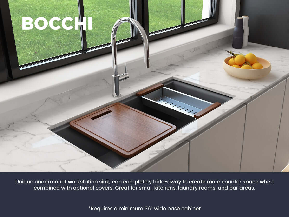 BOCCHI BAVENO LUX 34" Double Bowl Granite Composite Kitchen Sink with Integrated Workstation and Accessories in a stylish kitchen setting.