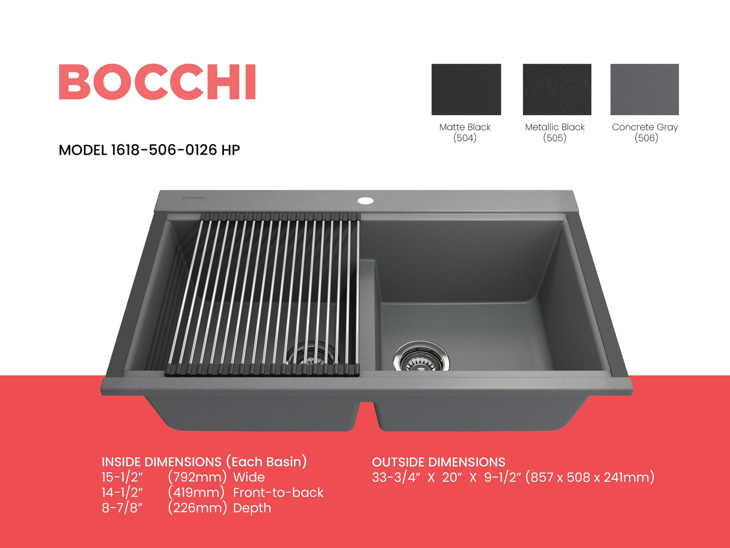 BOCCHI BAVENO LUX 34" Double Bowl Granite Composite Kitchen Sink with Integrated Workstation and Accessories with Covers in Concrete Gray
