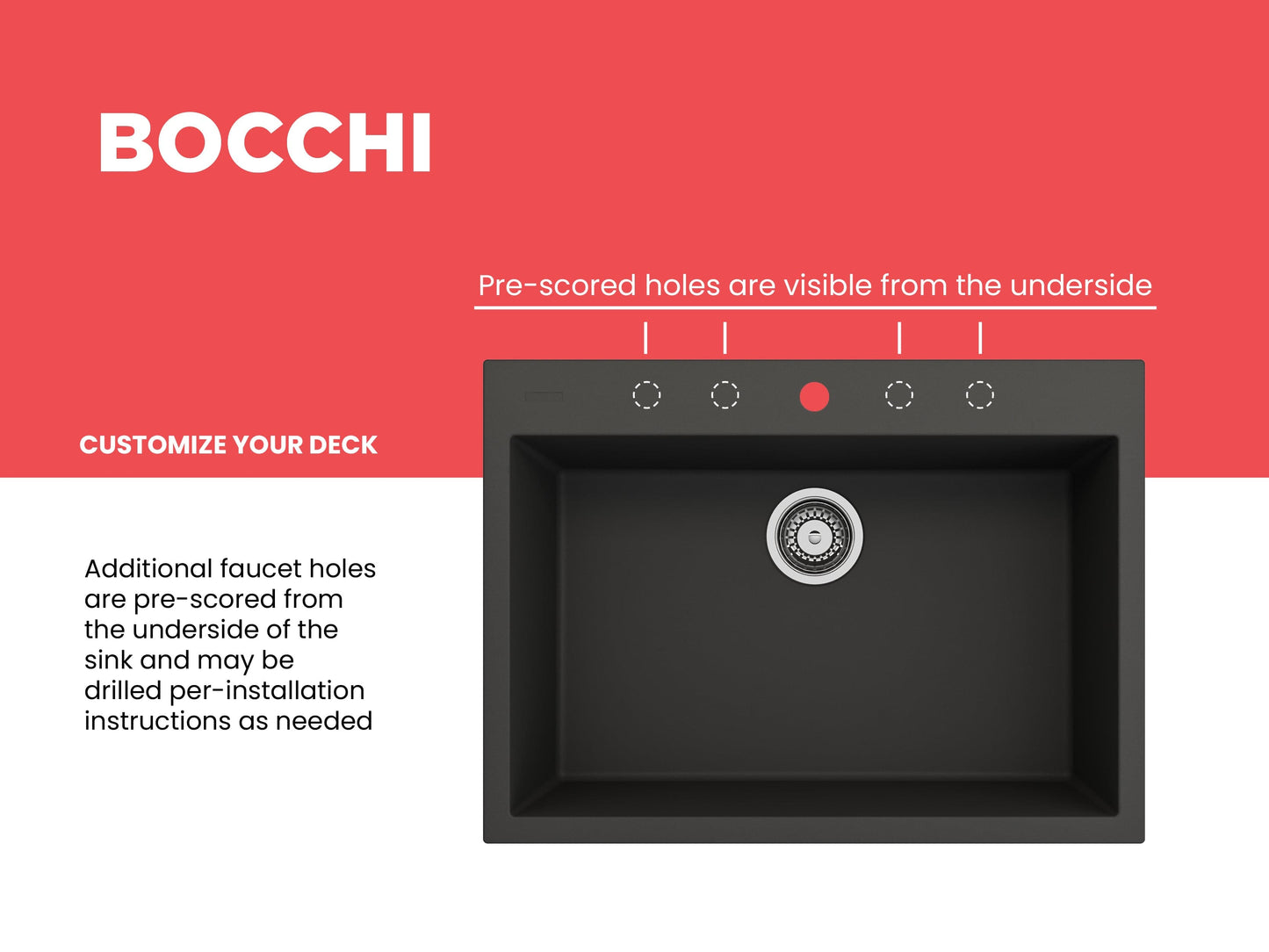 BOCCHI CAMPINO UNO 27" Dual-Mount Single Bowl Granite Composite Kitchen Sink with pre-scored holes for faucet customization.