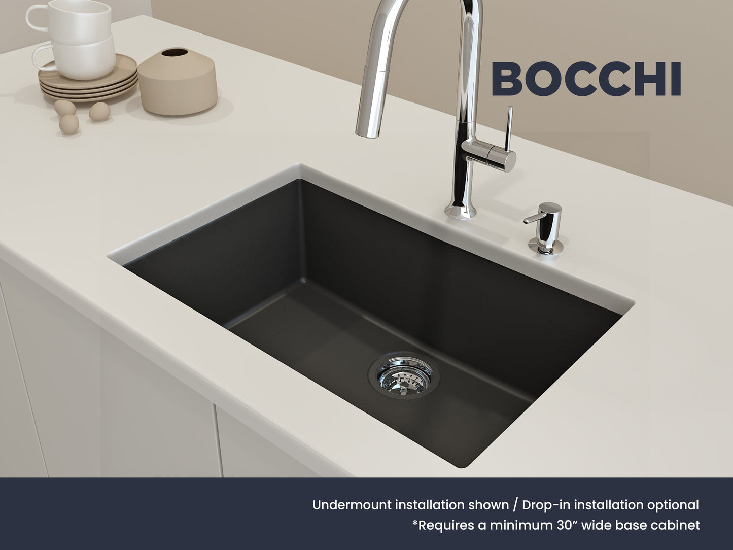 BOCCHI CAMPINO UNO 27" Dual-Mount Single Bowl Granite Composite Kitchen Sink displaying undermount installation.
