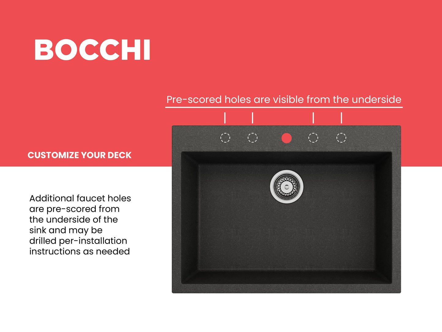 BOCCHI CAMPINO UNO 27" Dual-Mount Single Bowl Granite Composite Kitchen Sink with pre-scored faucet holes for customization.