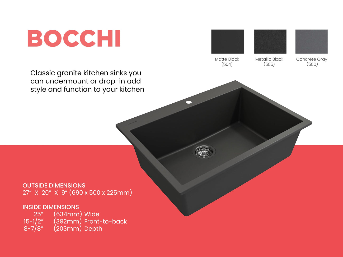 BOCCHI CAMPINO UNO 27" Dual-Mount Single Bowl Granite Composite Kitchen Sink with dimensions and color options.