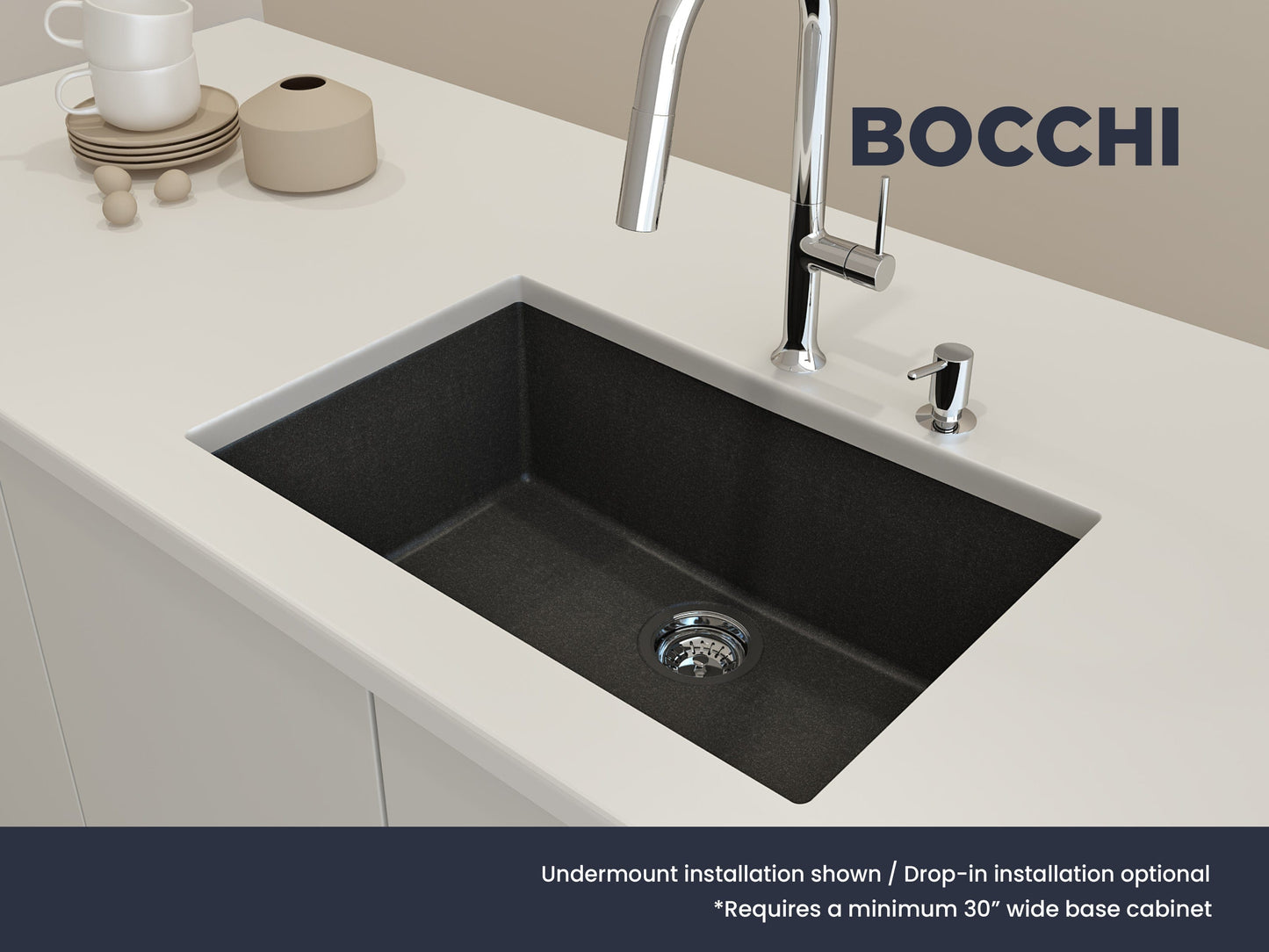 BOCCHI CAMPINO UNO 27" Dual-Mount Single Bowl Granite Composite Kitchen Sink in stylish kitchen setting.