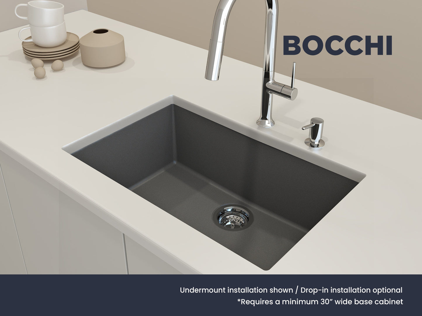 BOCCHI CAMPINO UNO 27" Dual-Mount Single Bowl Granite Composite Kitchen Sink installed in a modern kitchen.