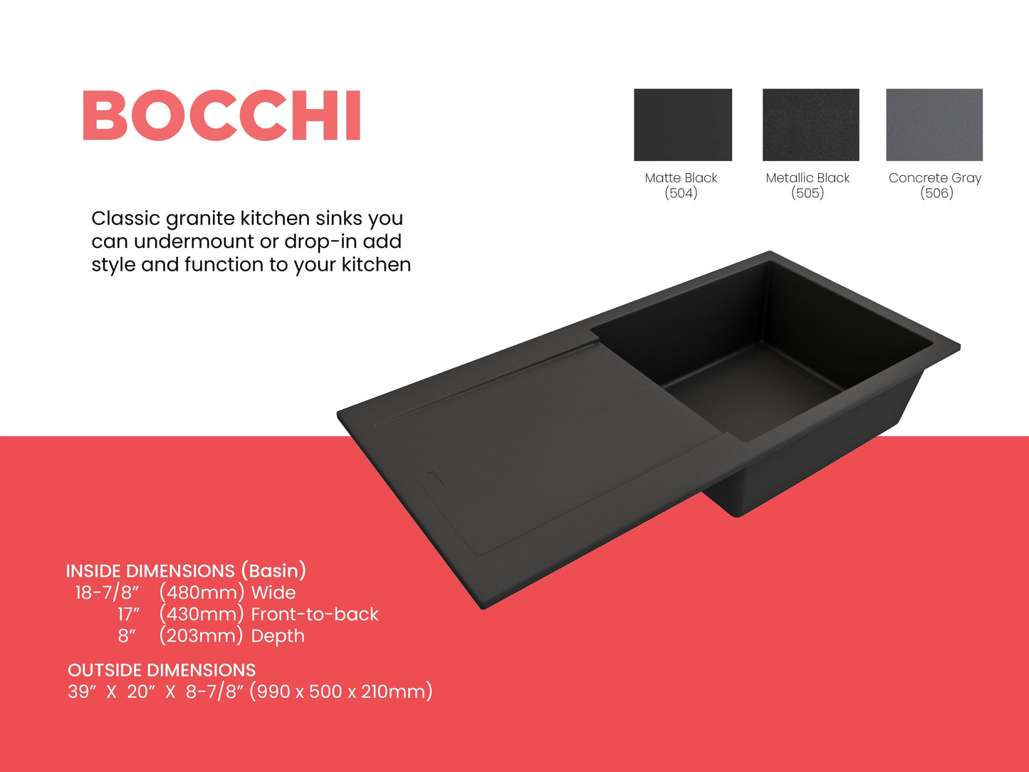 BOCCHI LEVANZO 20" Granite Kitchen Sink with Drain Board showing dimensions and color options.