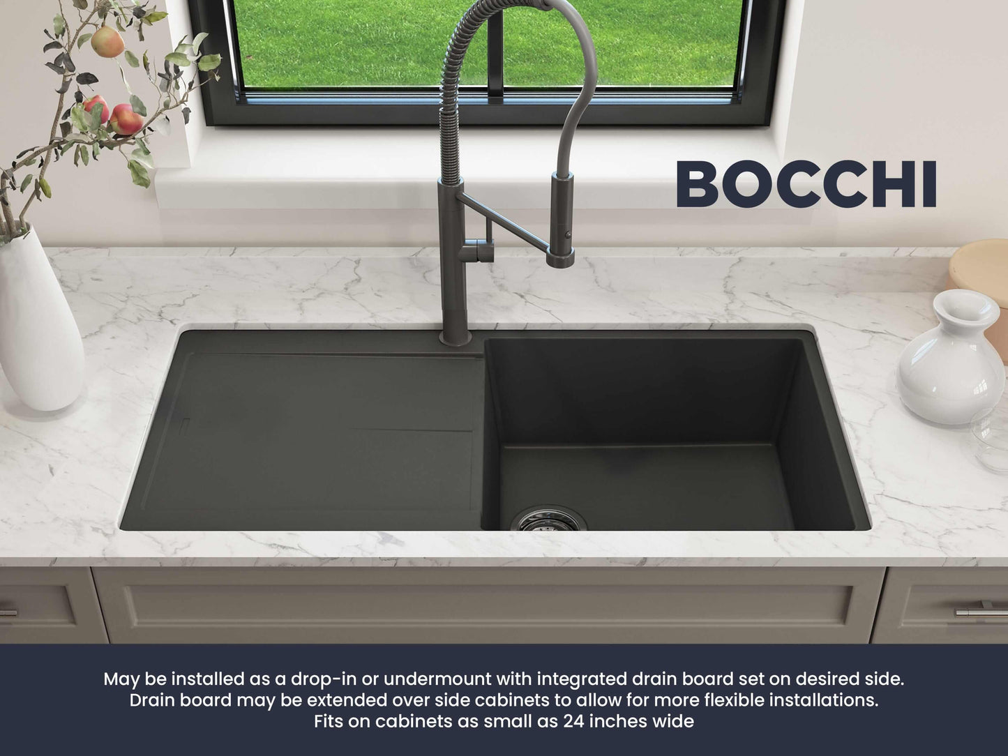 BOCCHI LEVANZO 20" Granite Kitchen Sink with Drain Board showcasing integrated drain board and modern faucet design.