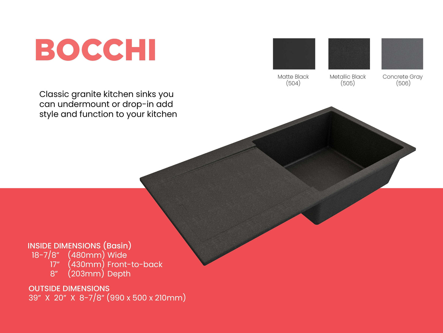 BOCCHI LEVANZO 20" Granite Kitchen Sink with Drain Board showcasing matte black finish and integrated drain board functionality.