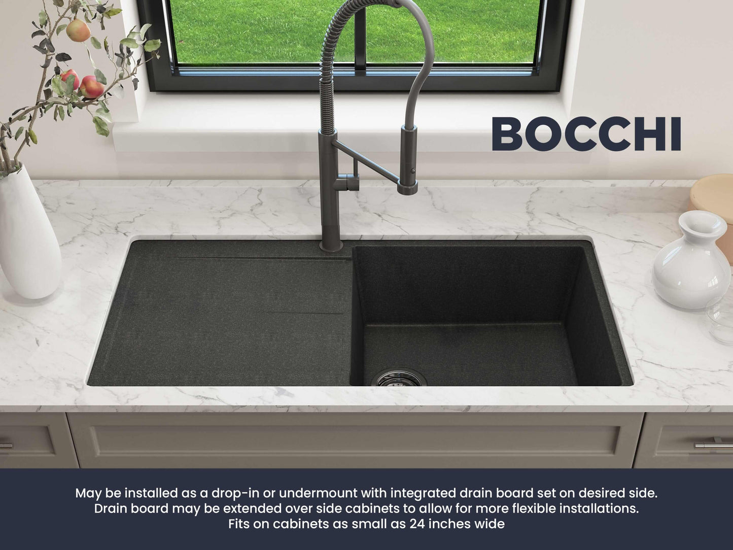 BOCCHI LEVANZO 20" Granite Kitchen Sink with Drain Board in a stylish kitchen setting with modern faucet.
