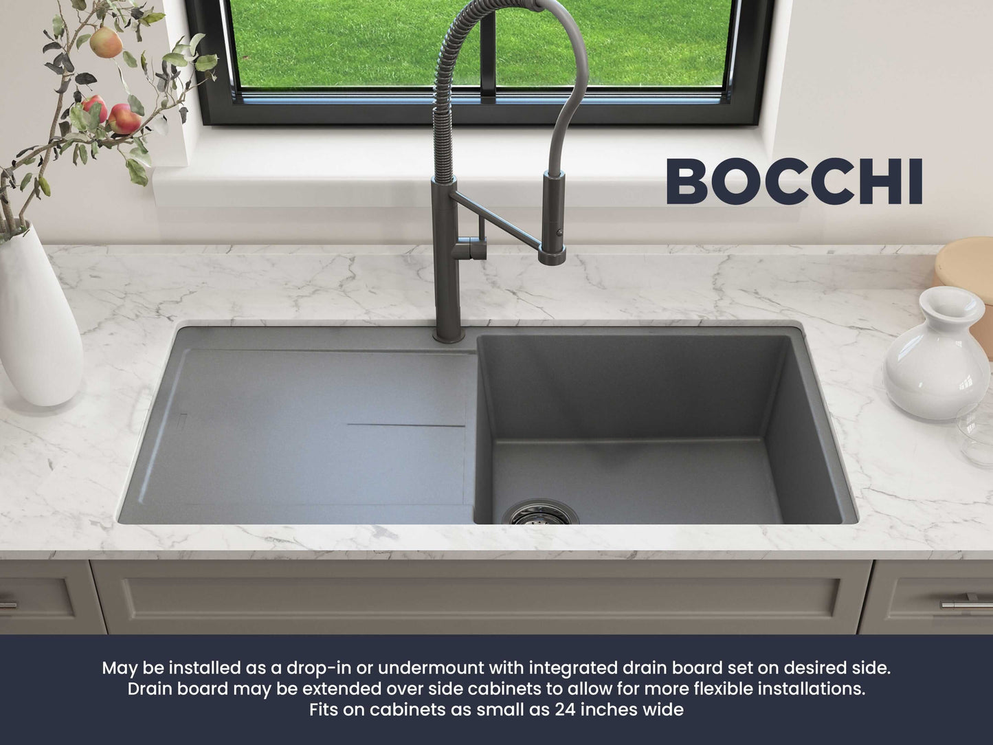 BOCCHI LEVANZO 20" Granite Kitchen Sink with Drain Board in a modern kitchen setting